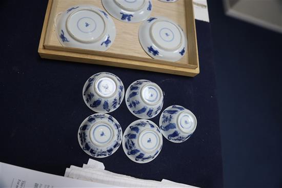 A set of five Chinese blue and white Long Eliza tea bowls and saucers, Kangxi period, saucers 9.7cm diameter, one teabowl repaired